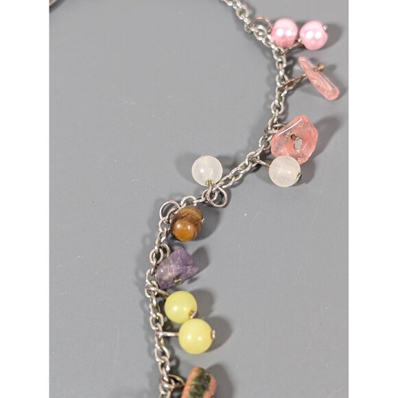 Boho Stone And Faux Pearl Charm Cluster Dainty Necklace Silver Tone 19" - Picture 6 of 9